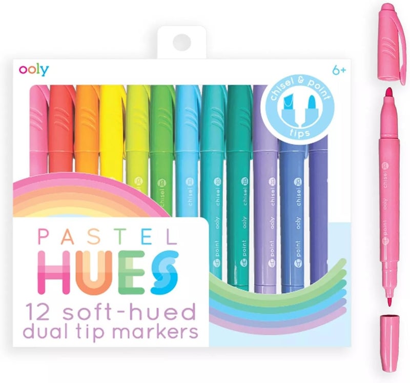 Ooly Pastel Hues Dual Tip Markers - Set of 12 Water Based Colors, Chisel and Point Tip on Each Marker for Kids, Double Ended Markers for Art Supplies & Stationery Sets - Image 1